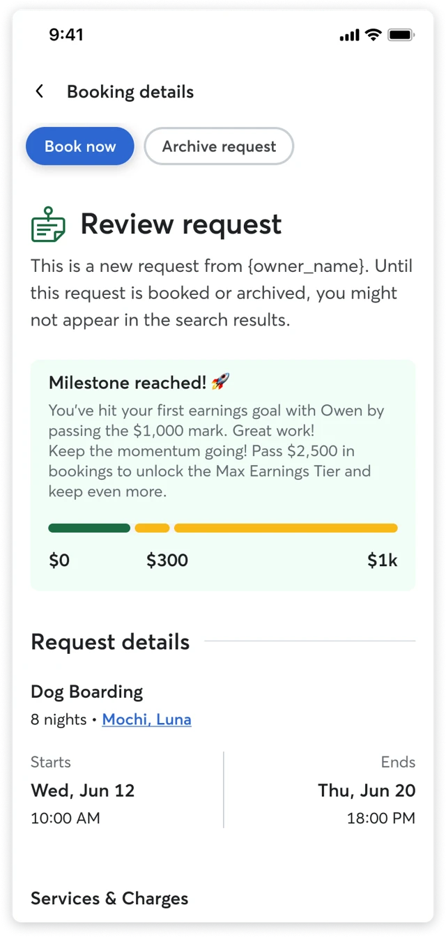 Milestone surfacing in booking details — progressive disclosure