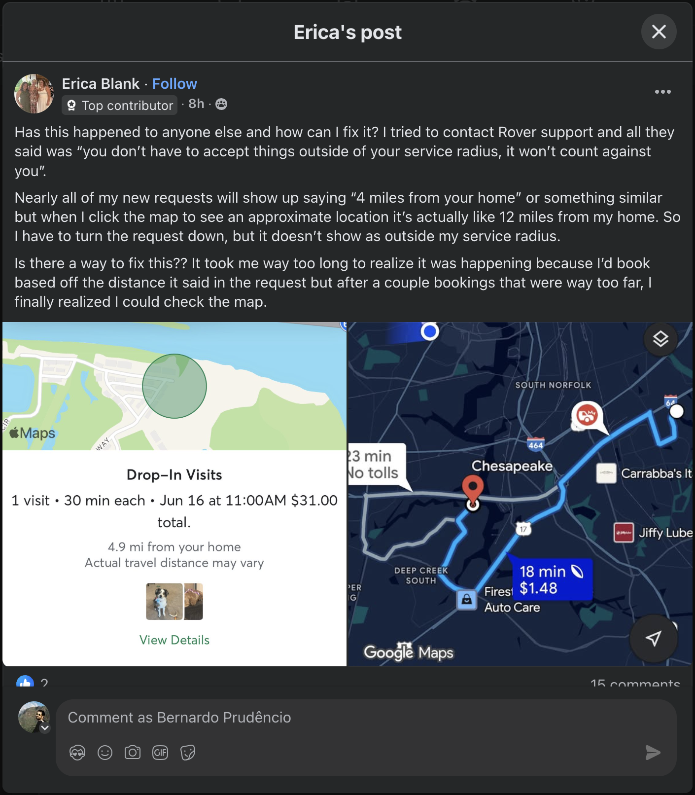 Facebook post: sitter reports distance mismatch between stated and actual travel