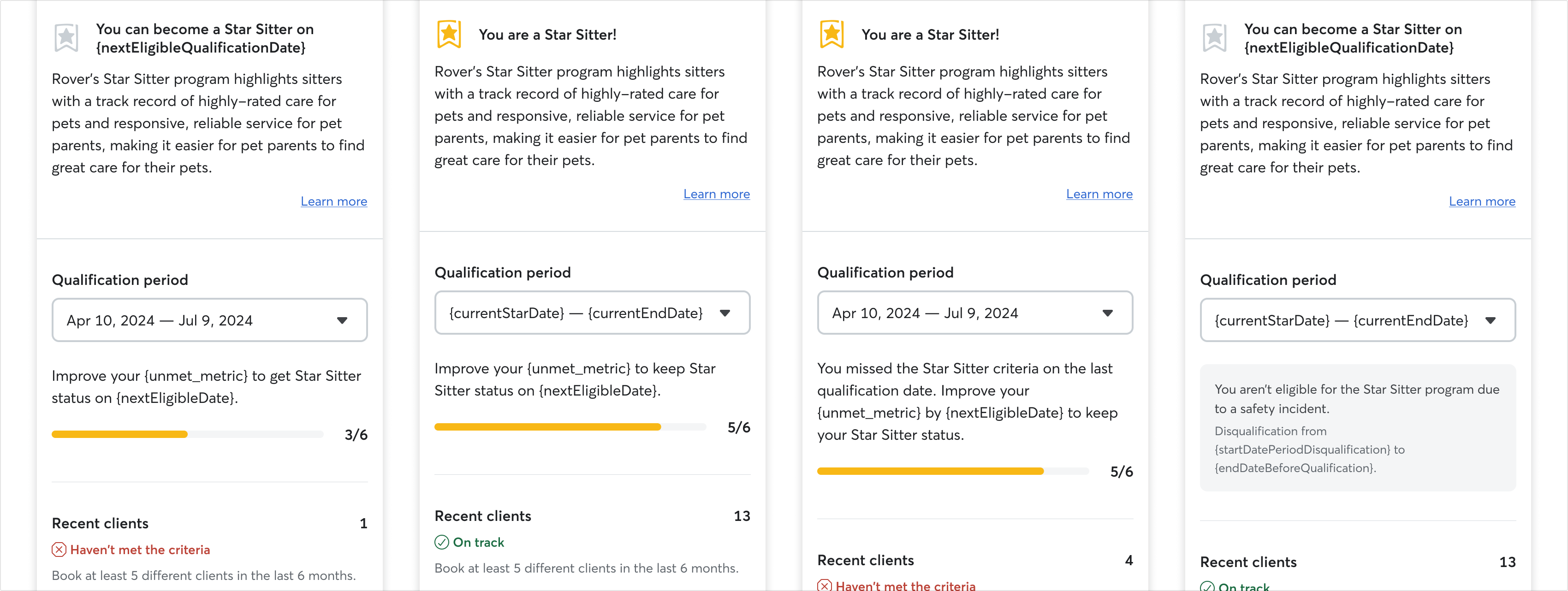 Star Sitter status states: working toward, earned, boost to keep, not eligible